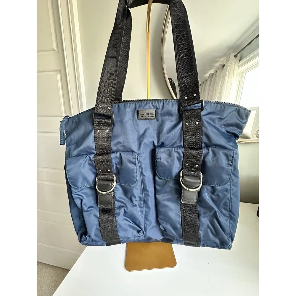 Lauren Ralph Lauren Navy Blue Nylon Duffel Overnight Weekend Travel Tote Bag